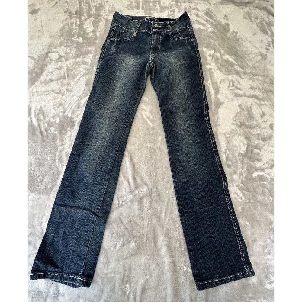 G.Tton Jeans Women's Blue Size 14 Color Beaded Front Pockets Zip EUC